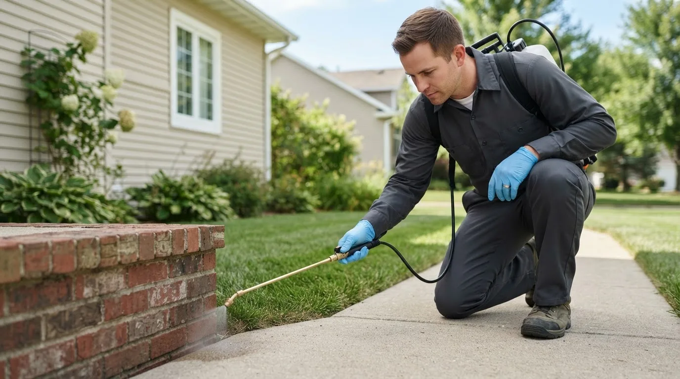 Pest control technician treating a home near Sparks, OK